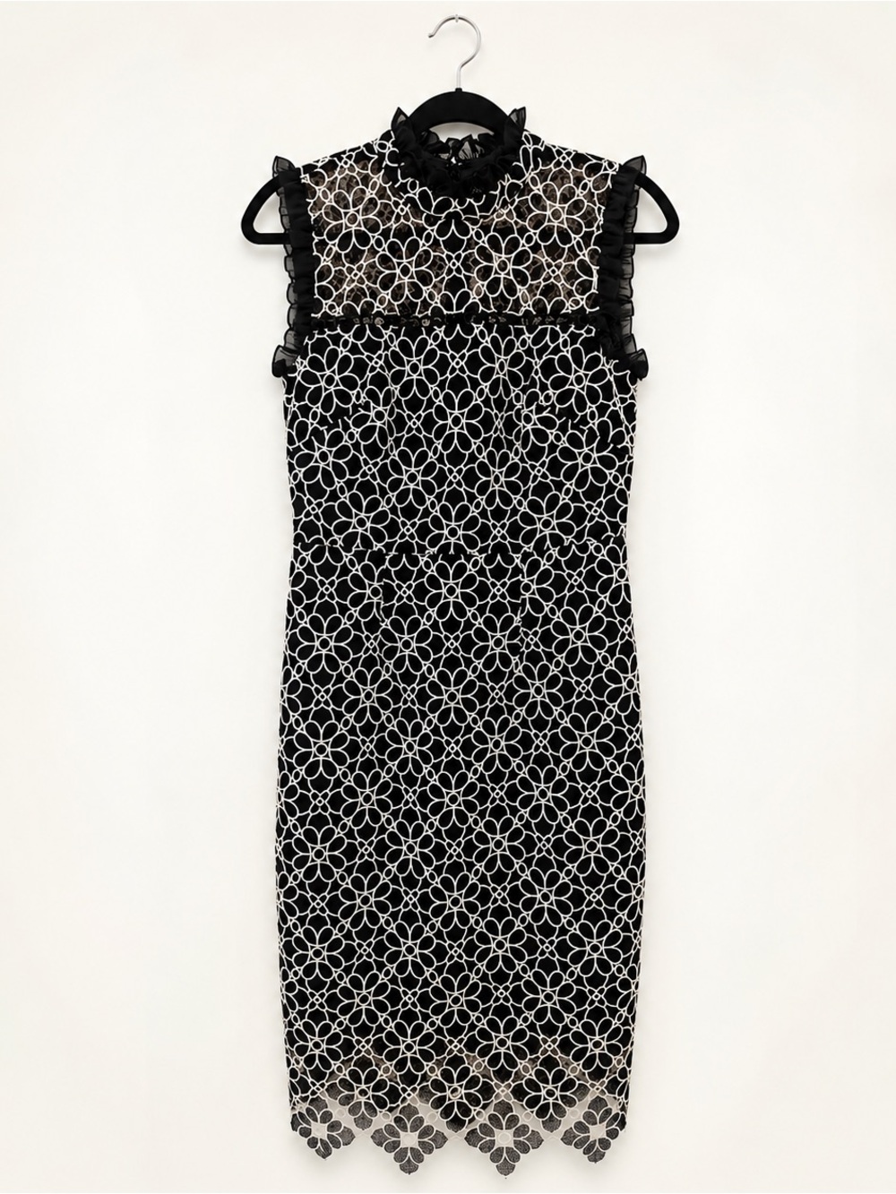 ML Monique Lhuillier Black Ivory Guipure Lace Midi Dress 6